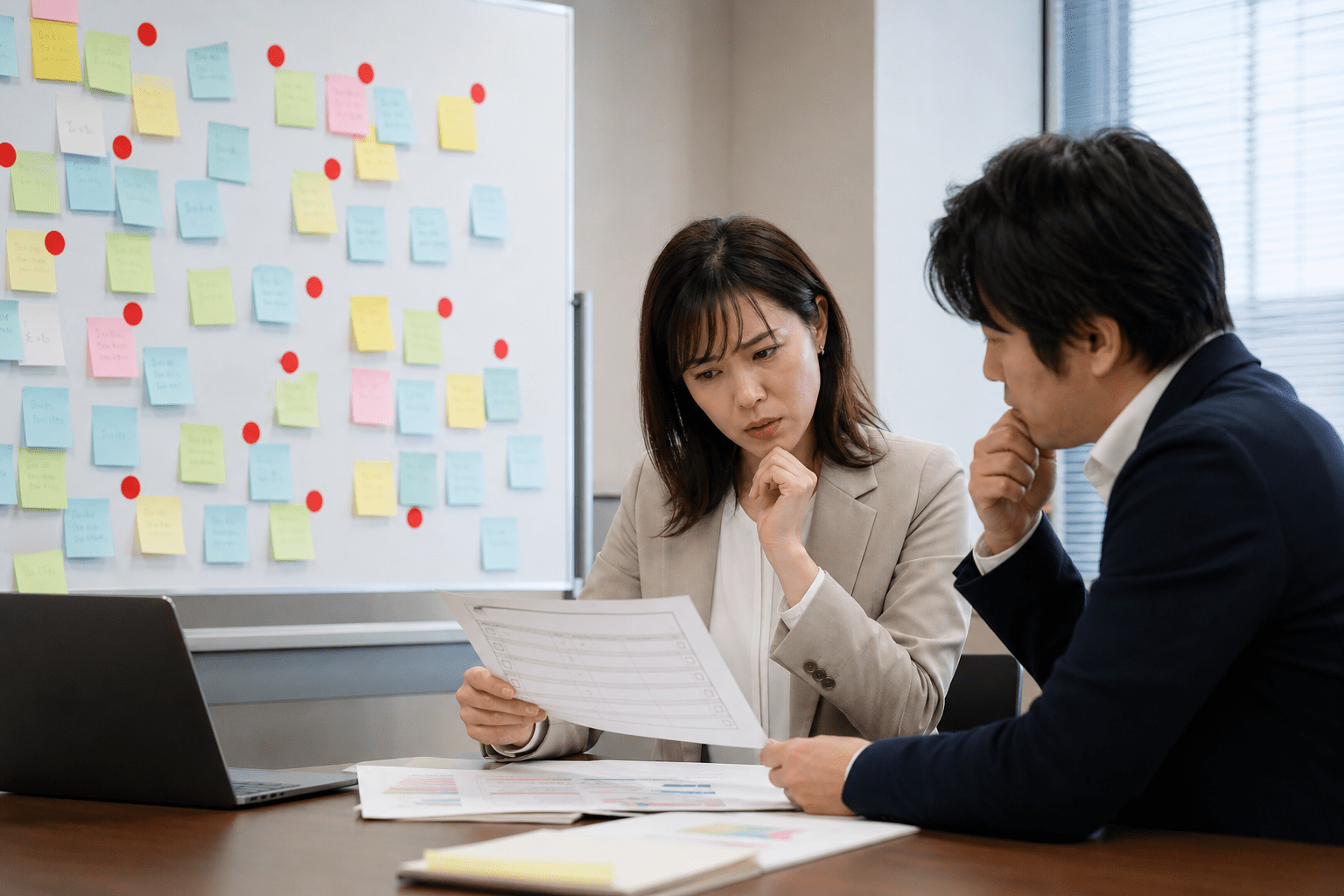 SNS運用の失敗要因を洗い出し改善策を話し合う日本企業の担当者