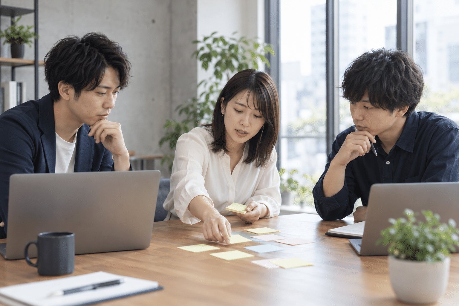 日本人の男女3人が木の机で役割分担を相談する