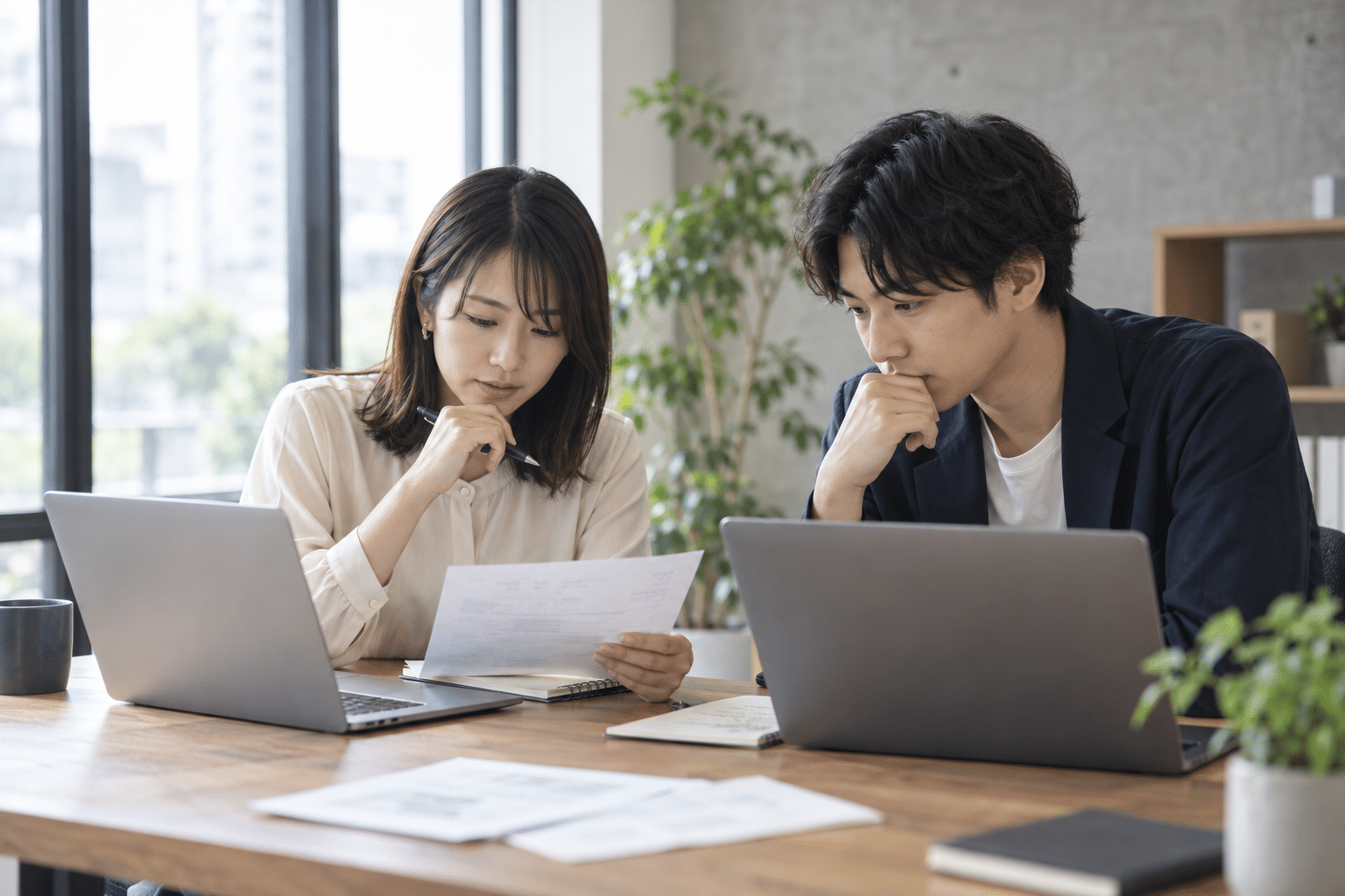 日本人の男女2人がノートPCと手元のメモを慎重に照合する