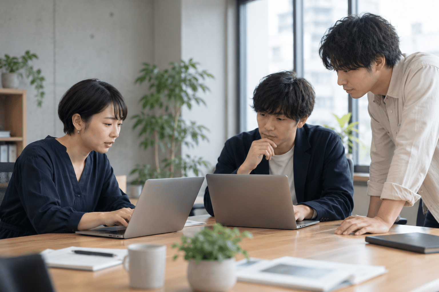 日本人の女性が自分のノートPCを開き、向かいの男性が別のノートPCで作業する