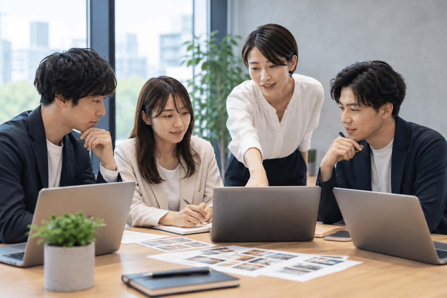 日本人の男女4人が動画運用の定例ミーティングを行う