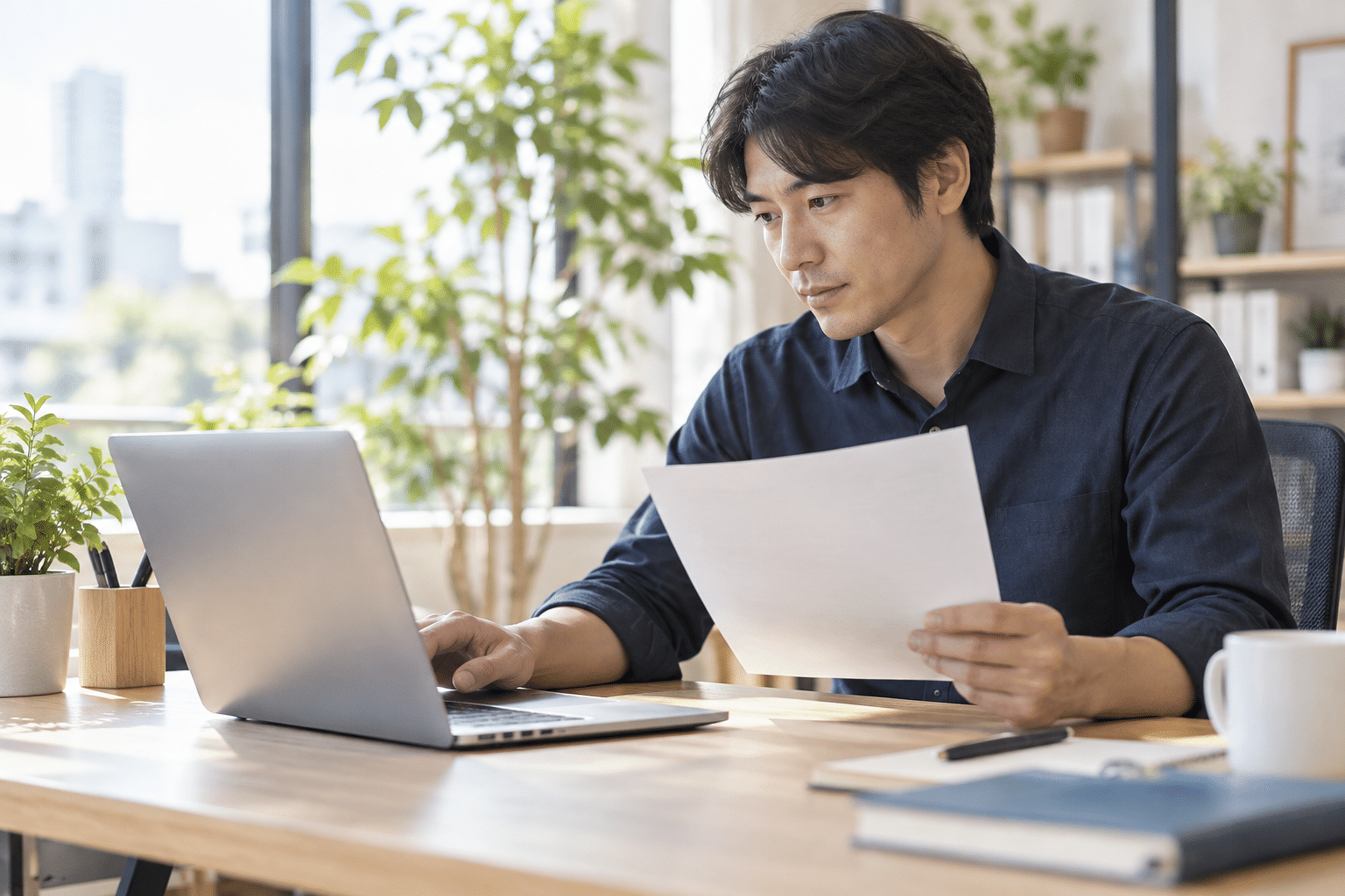 木の机でノートパソコンと資料を見比べて動画の設定を確認する人