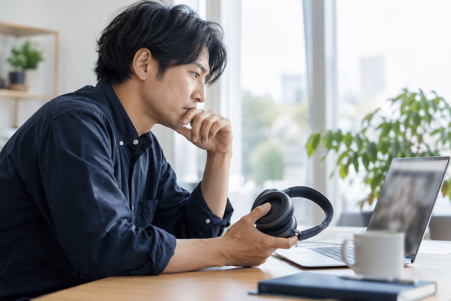 明るいオフィスでヘッドホンを手にパソコンの動画音声を確認する人