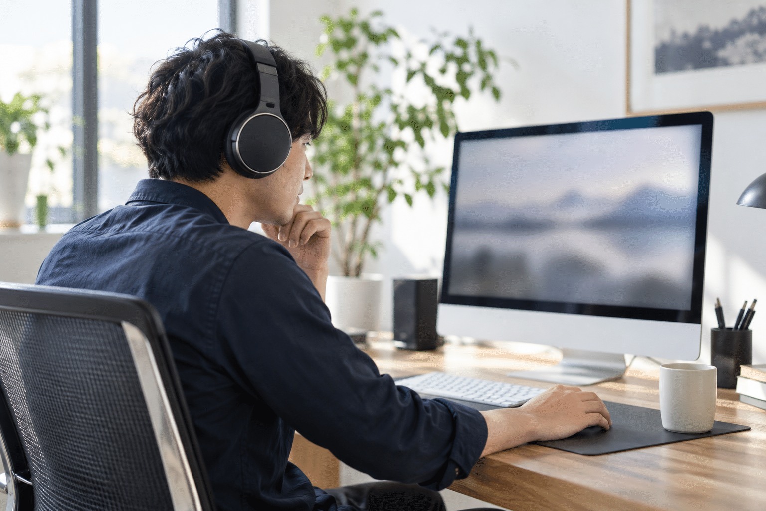 ヘッドホンを着けてパソコンで音声を確認する人の後ろ姿