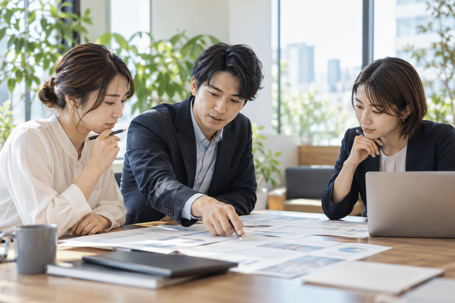 日本人の男女3人が資料を広げて外注と内製を比較する