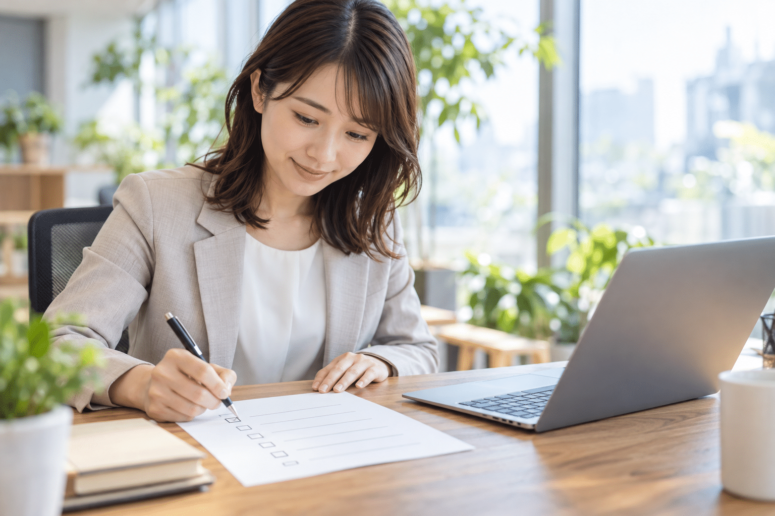 日本人の女性が紙のチェックリストに印を付ける